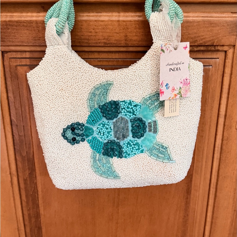 Viral Made in India Beaded Sea Turtle Bag in White and Aqua